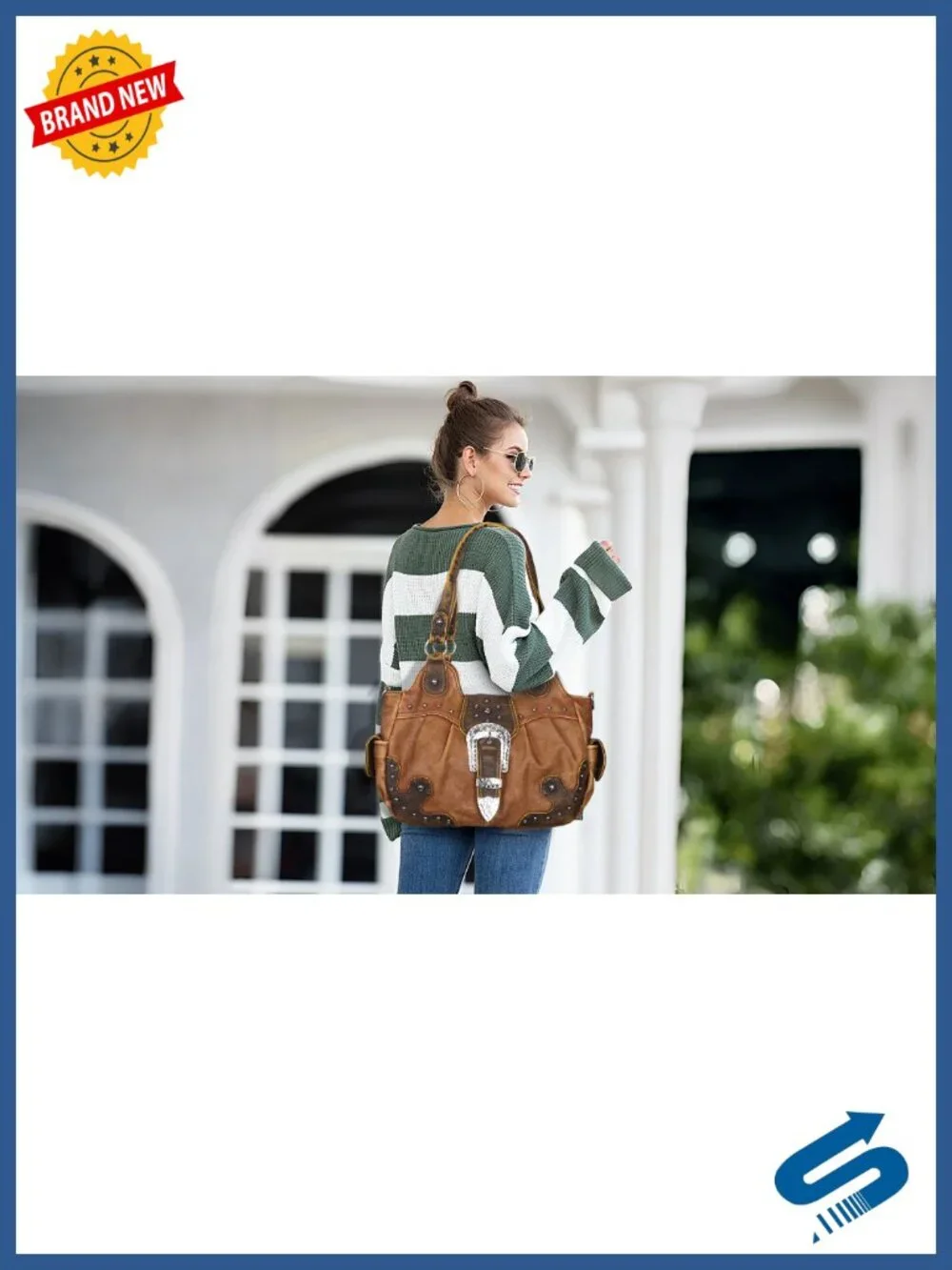 Vegan Leather Hobo Bag with Metal Studs Large Capacity Crossbody Shoulder Purse